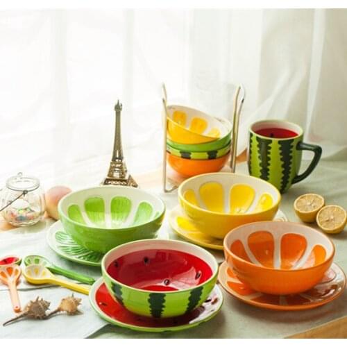 Sweet fruit watermelon salad rice bowl dish spoon cup ceramic colorful tableware set dinnerware