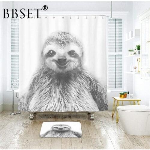Funny Animal Shower Curtain Smiling Black and White Sloth Pattern Waterproof Multi-size Douchegordijn Bathroom Decor with Hooks
