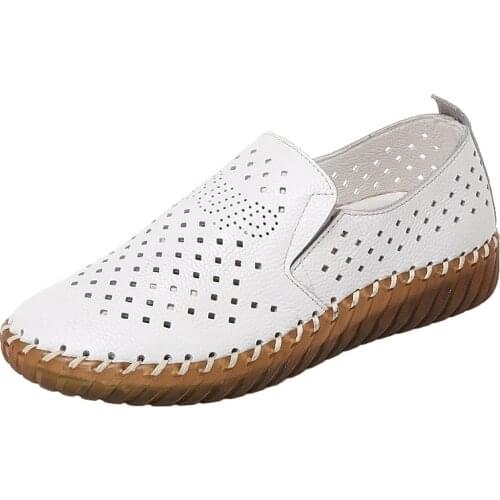 Promotion 2021 New Summer Autumn Breathable Shoes Woman Flats Hollow Genuine Leather Sandals Non-slip Soft Comfort Flat Shoes