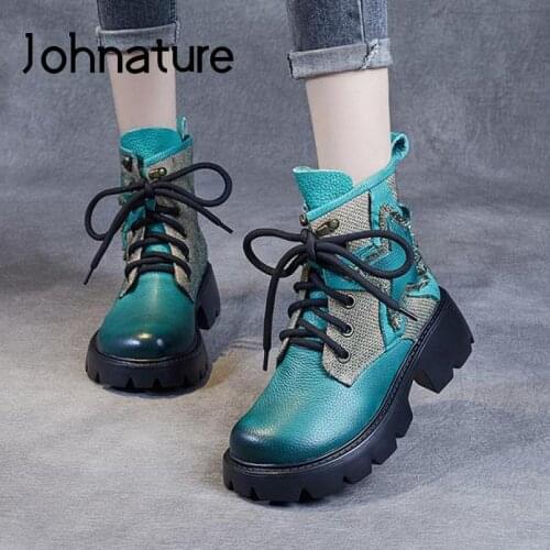 Johnature 2021 New Winter Shoes Women Boots Lace-up Handmade Concise Round Toe Genuine Leather Leisure Retro Platform Boots