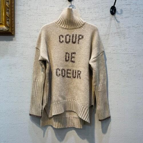 Ladies Letter Knitting High Collar Wool 100% Pullover Sweater Top