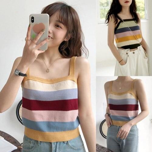 Women Rainbow Stripe Square Neck Sleeveless Knit Strappy Vest Top Casual Blouse