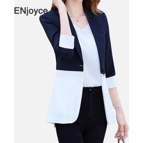 Spring Fall Vintage Patchwork Blazer Women 3/4 Sleeve Slim Korean Fashion Clothes Office Ladies Suit Professional Workwear