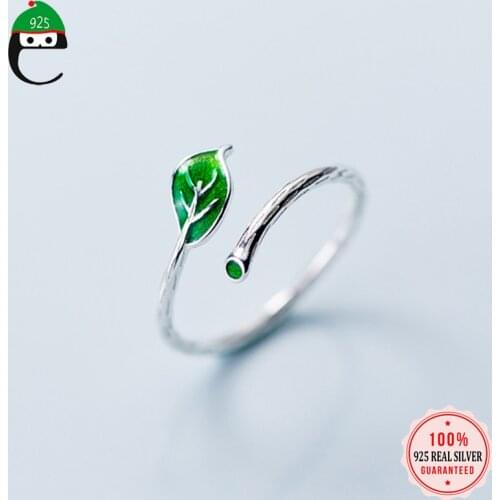 ElfoPlataSi 100% 925 Solid Real Sterling Silver Green Leaves Cocktail Ring Sizable 5 6 7 Girl Women Fine Silver Jewelry XY1252