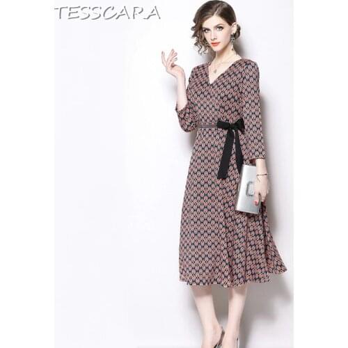 TESSCARA Women Fashion Print Office Dress Festa Female High Quality Vintage Designer Vestidos V-Neck Elegant Party Robe Femme