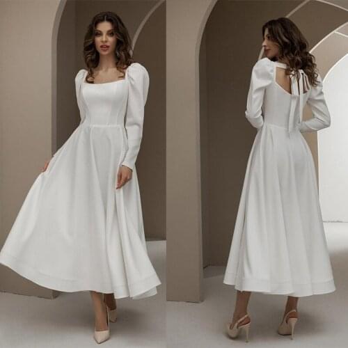 White Square Neck Cocktail Dresses Sexy Formal Party Dress A Line Ankle Length Long Sleeve Women Midi Women Homecoming Dresses