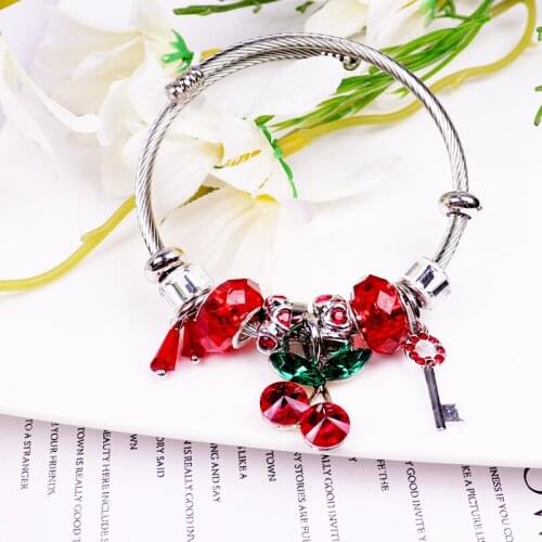 1 Pcs/Lot Korean Version Net Red Lovely Cherry Key Titanium Steel Bracelet Ring Elastic Adjustment Manufacturers Direct Sale