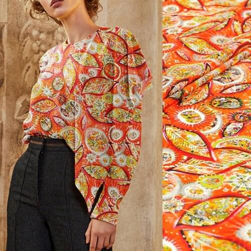 140CM 16MM Special Print Thin Orange Crepe De Chine Fabric for Summer Dress Skirt Shirt Scarf Pants J141