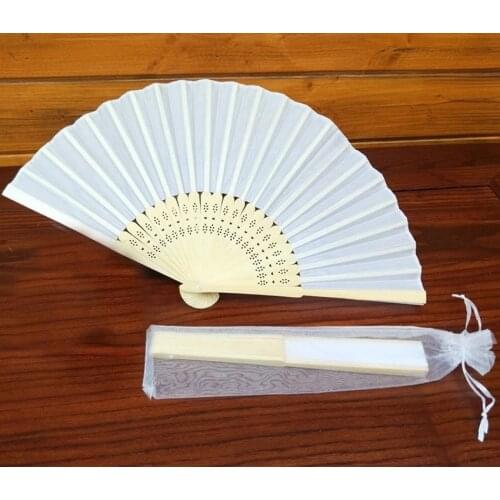24 pcs/lot White Folding Elegant Silk Hand Fan with Gift bag Wedding & Party 21cm