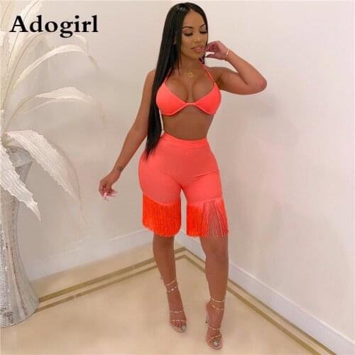 Adogirl Women Street Style Sexy Two Piece Set Halter Bra Top + Tassel Skinny Shorts Night Club Party Female Outfits Plus Size