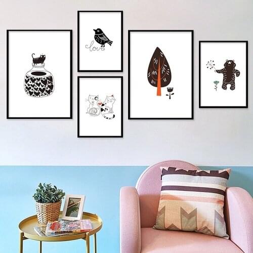 Black and White Simple Nordic Style Canvas Painting Cartoon Animal Bird Bear Poster Childrens Room Bedroom Wall Art Pictures