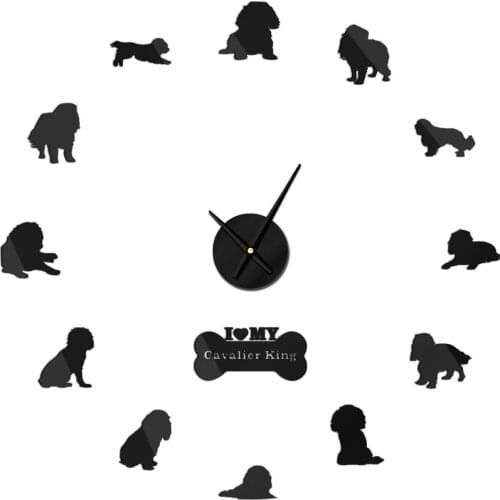 Cavalier King Charles Spaniel DIY Giant Wall Clock Pet Shop Frameless Large Watch 3D Mirror Effect Sticker Dog Lover gift