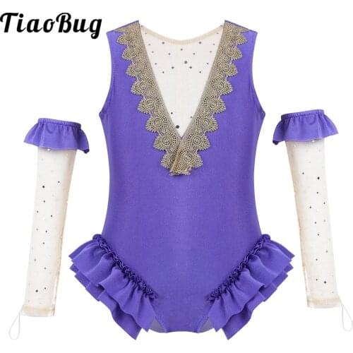 Kids Girls Ballet Gymnastics Leotard Sleeveless Mesh Splice Figure Skating Dress Contemporary Stage Performance Costume