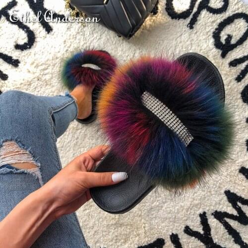Ethel Anderson Real Fox Fur Fluffy Slippers for Womens Shoes Woman Crystal Decoration Famous Brand Shoes Designer Slides
