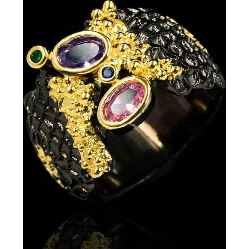 New Trendy Women Vintage Two Tone Rings Cubic Zirconia Inlaid Creative Exaggerated Wedding Rings Fashion Jewelry
