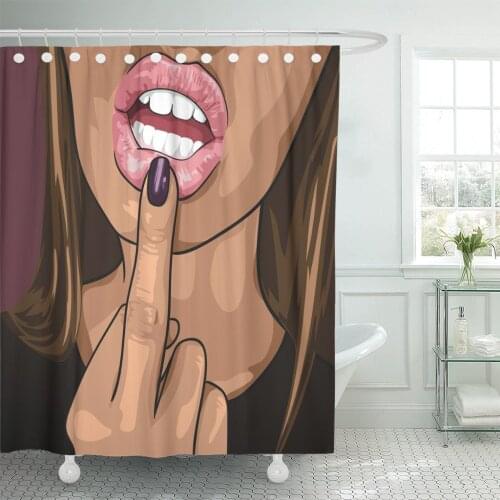 Red Sexy Young Beautiful Woman Show Middle Finger Fuck You Off Near His Open Mouth Women Lips Shower Curtains Waterproof
