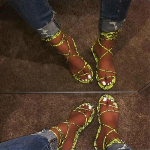 Summer 2020 Flat-soled Pink Yellow Sandals For Women With Leopard-print Snake Shoes Women Gladiator Ankle Strap Sandals