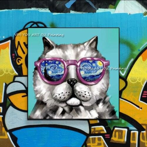 The Hot Sales Handmade Cool Glasses Cat Abstract Art Oil Painting On Canvas Drawing For Home Office Decor Corridor Animal Graph