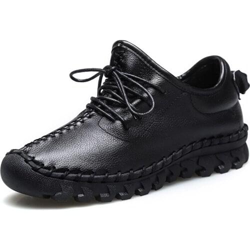 Rulang Genuine Handmade Leather Women Shoes Fashion Casual Sneakers Retro Flats Ladies Lacing Loafers Breathable Vulcanized Shoe