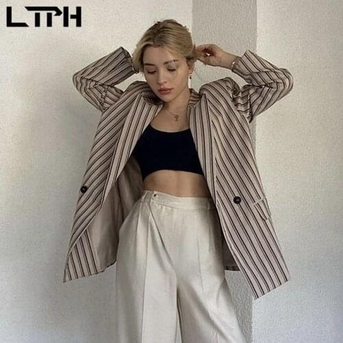 LTPH vintage stripes women blazers casual loose long sleeve double breasted Jackets fashion Lady Suit Coat 2021 autumn new