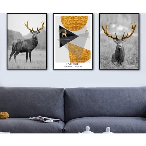 Minimalist Golden Antler Deer Geometric Wall Art Canvas Painting Nordic Posters And Prints Wall Pictures For Living Room Decor