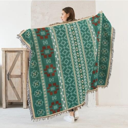 Nodic Green Cotton Ethnic Geometry Blanket Thicken Bedroom Sofa Decoration Bedspread Tablecloth Tapestry