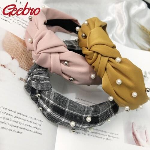 Geebro Fashion Women Pearls Headband Solid Bow Knotted Center Hairband for Adult Girls Headwear Wide Hairband Hair Hoop Bow