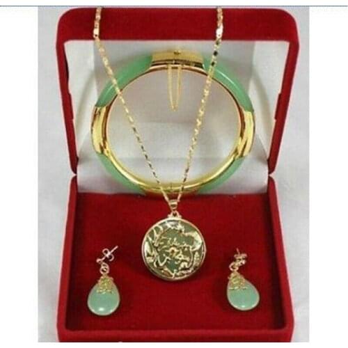 Charming green jade Dragon Phoenix pendants necklace earring bracelet set