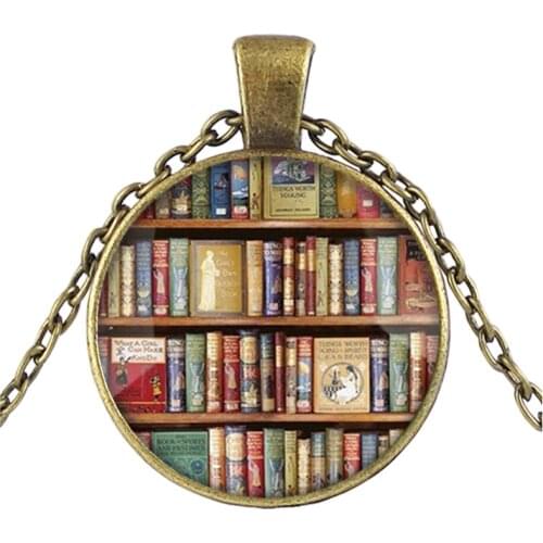 BTWGL Antique Bronze Book Bump Glass Retro Mens and Womens Necklace Pendant Jewelry Gift