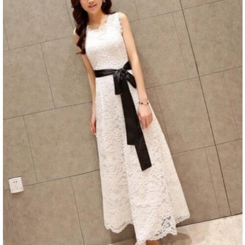 New womens summer dress bohemian beach long dresses sleeveless lace Tie waist stitching dress wholesale discount elegant party