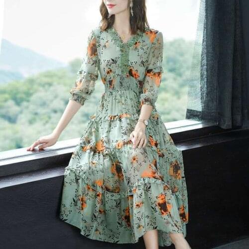 Spring Summer Women Dress Korean Floral Print A-Line Elegant Vintage Casual New Fashion Korean Holiday Female Outerwear M277