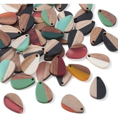 50pcs Mixed Color Drop Shape Resin & Wood Pendants Charms for Jewelry Making DIY Bracelet Necklace Accessories 21.5x14.5x3.5mm