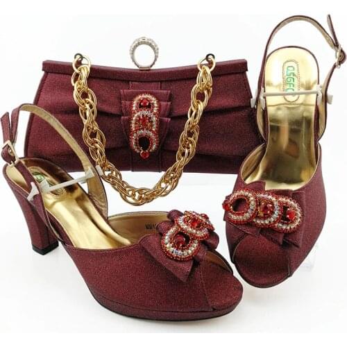 Latest Wine Color Shoes and Bags Set Italian Sets African Shoes and Matching Bags Italian Women Rhinestone Wedding Shoes