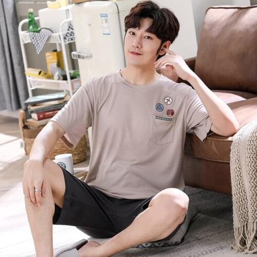 Pullover Short Sleeve Pants Pajama PURE Cotton Summer Boy Man Jammies O-Neck Home Cozy Casual Sleepwear Nightwear Pyjamas HDE