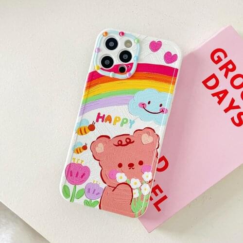 Art Oil Painting Rainbow HAPPY Bear Phone Case for iPhone11 12ProMax XR 7 8Plus Cartoon Cute Bear Lens Protection Silicone Cover
