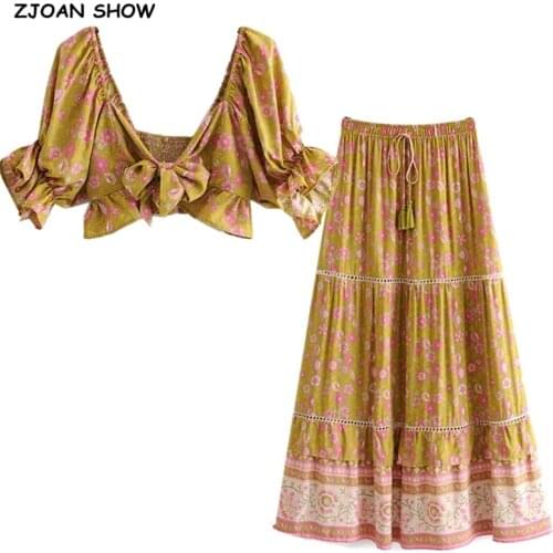 BOHO Bow Tide Ruffles Floral Tank Top Crop Top Sexy Women Elastic Waist Maxi Long Skirt Half Sleeve Shirt Holiday 2 Pieces Set