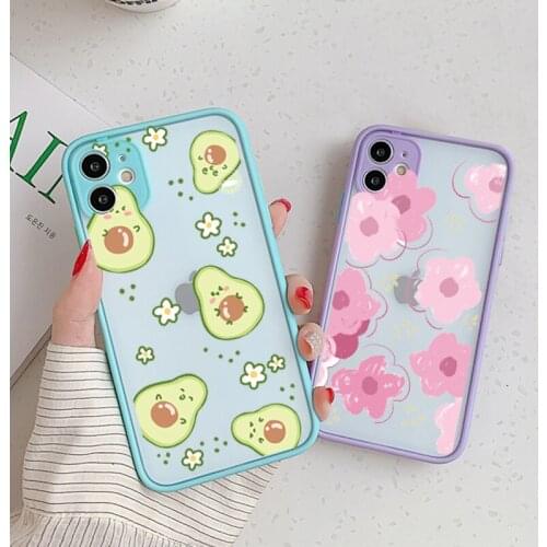 Cartoon Fruit Avocado Phone Case For iPhone XS Max 12 11 Pro XR X SE20 7 8 6Plus Luxury Pink Flower Hard Matte Cover Clear Shell
