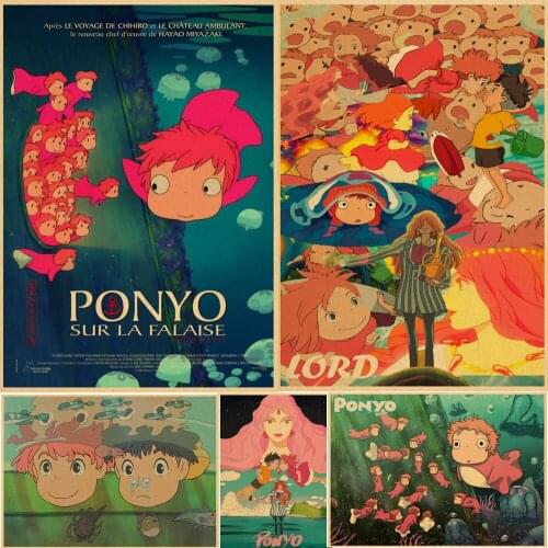 Vintage Poster Classic Hayao Miyazaki Ponyo On The Cliff Kraft Paper Poster Bar Cafe Home Decorative Painting Wall Sticker