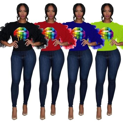 Long Sleeve Summer Tops for Women 2021 Large Lips Printed Offset Laminated Folds Gauze Sleeve T-shirt Top Graphic T Shirts