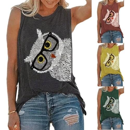 Womens Vest Owl Graphic Print Crew Neck Sleeveless T-shirt graphic tee summer plus size all neon store clothes