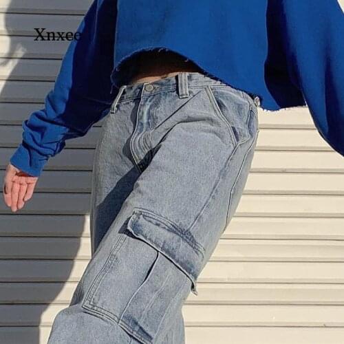 Pockets Patchwork High Waist Jeans Women Streetwear Straight Jean Femme Blue 100% Cotton Cargo Pants