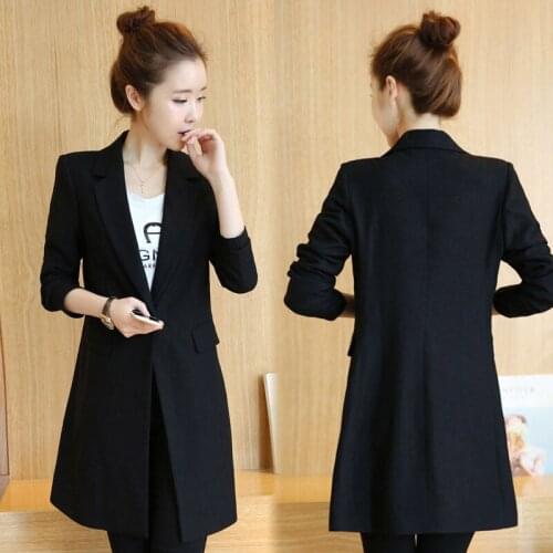 Casual Korean Spring Autumn Coat Ladies Black Long Blazer Mujer Elegante Windbreaker Slim Fit Suit Jacket femme Workwear f1302