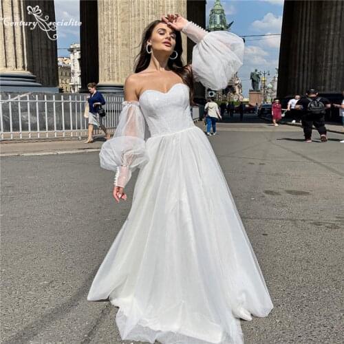 Sparkle Boho Wedding Dresses for Women 2021 Detachable Sleeves Sweetheart Lace Up Glitter Simple Bride Dress Robe De Mariee