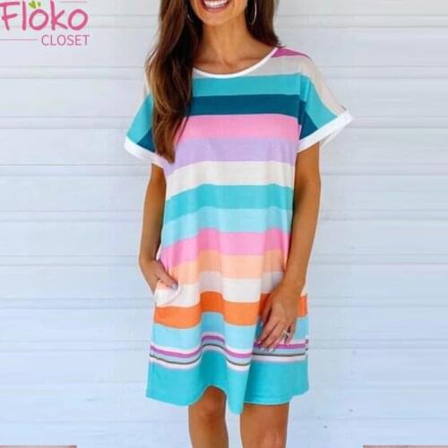 Flokocloset Rainbow Stripe Print Dress Women Summer 2021 Midi Dresses Casual O-Neck Short Sleeve Party A-Line Sundress