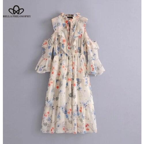 Bella Philosophy 2018 spring print chiffon dress women cold shoulder dress casual floral dress lace up hollow out vestidos