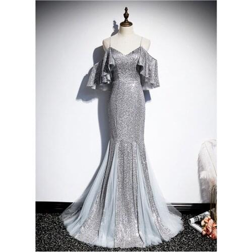 ERINBESS Robe De Soiree Sliver Gray Mermaid Evening Dresses Long Dress Formal Party Dress Vestido De Festa Evening Dress 2020