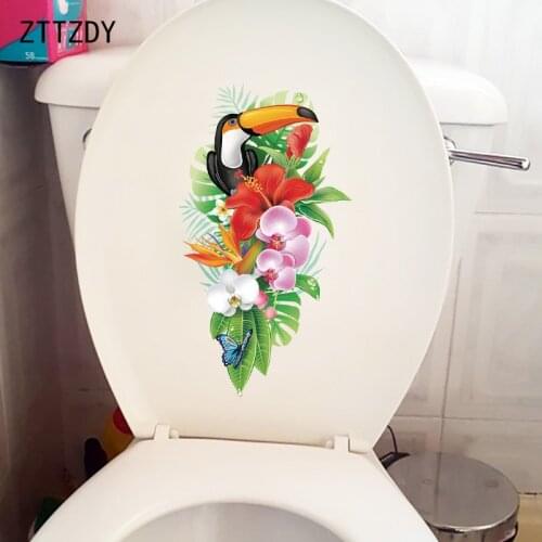 ZTTZDY 14.4×26CM Tropical Flower Toucan Fashion Toilet WC Stickers Cartoon Home Room Wall Decora T2-1247