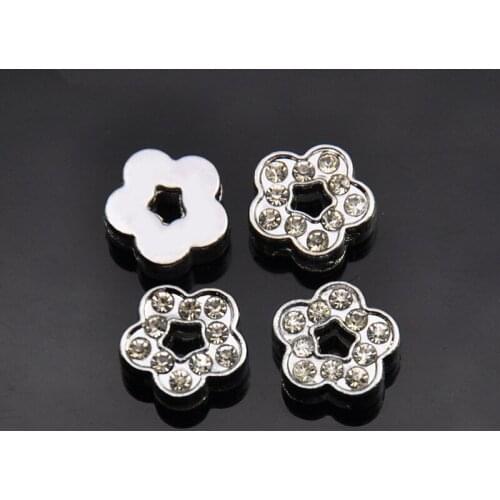 10PCS 8mm Silver Rhinstone Flower Slide Charms Slide Beads DIY 8mm Hole Bracelets Wristbands,Belt Straps Pet Name Collar