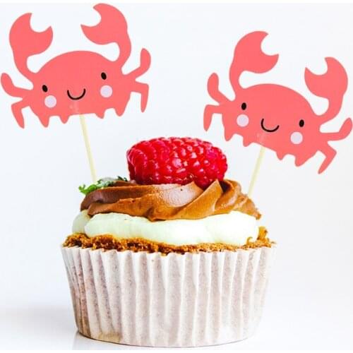 24Pcs Cartoon Sea Animal Paper Cake Topper Cute Crab Whale Starfish Cake Top Flag DIY Wedding Birthday Party Decor Baking Supply
