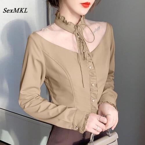 Blusas Mujer De Moda 2021 Fashion Long Sleeve Autumn Winter Office Blouses Women y2k Sexy French White Slim Ruffles Tops Shirts